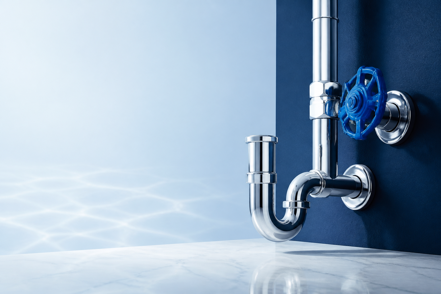 Stylized chrome plumbing pipe and blue valve concept